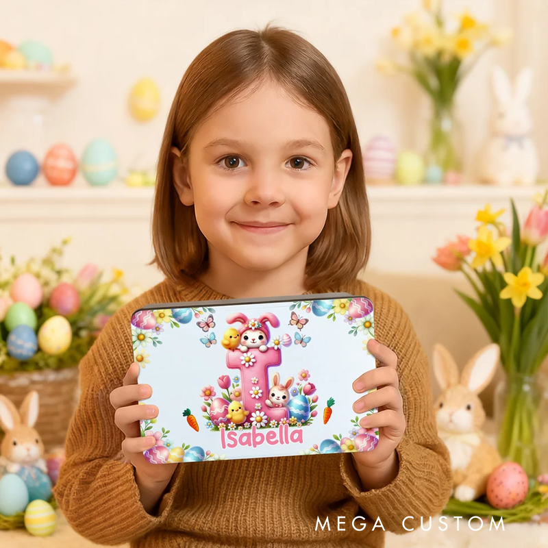 Personalized Cute Cartoon Bunny Easter Eggs Food Grade Metal Biscuit Tin Storage Box with Name Easter Gift for Family Kids