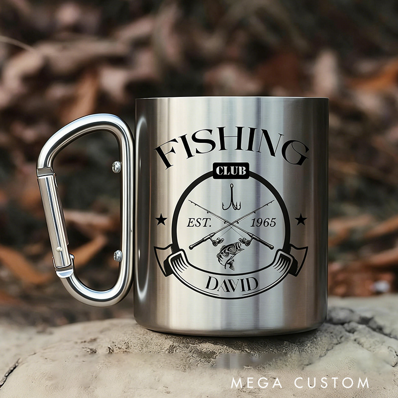 Personalized Fishing Mug Custom Stainless Steel Carabiner Cup Camping Mug Nature Coffee Mug Fishing Gift for Dad Husband
