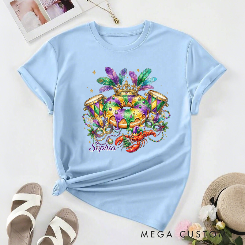 Personalized Mardi Gras King Cake Classic T-shirts Louisiana Carnival Graphic Tee with Name Fat Tuesday Festival Top for Donut Lover Baker Baking Lover