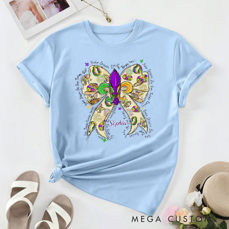 Personalized Mardi Gras Donut Bow Classic T-shirts Mardi Gras King Cake Tee with Name Fat Tuesday Festival Top for Donut Lover Baker Baking Lover