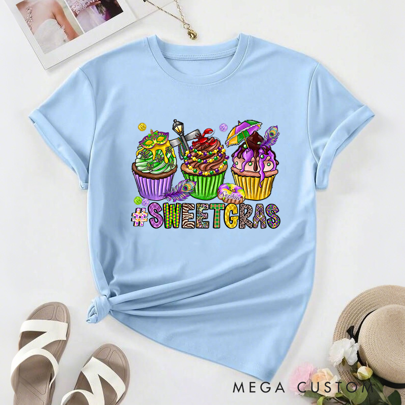 Personalized Sweet Mardi Gras Classic T-shirts Mardi Gras Cupcake Tee with Name Sweet Gras Shirt for Donut Lover Baker Baking Lover