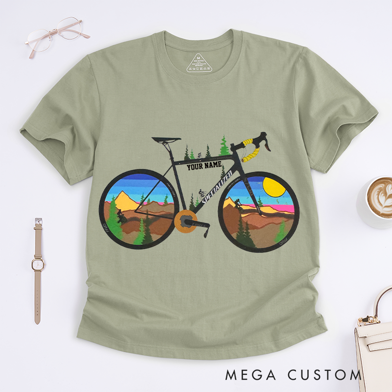 Personalized Scenic Bicycle T-Shirt with Vibrant Landscape Scenes in the Wheels for Outdoor Adventures Riding Cycling Biking Enthusiasts