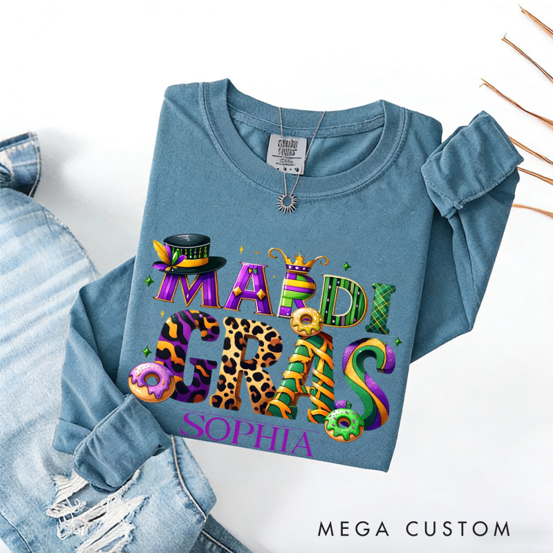 Personalized Mardi Gras Donut Sweatshirt with Name Retro King Cake Sweatshirt Carnival Coquette Shirt Gift for Baking Lover Him Her