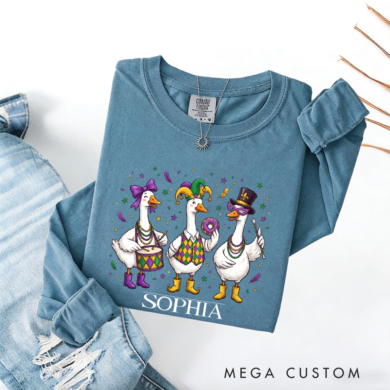 Personalized Mardi Gras Goose Sublimation Sweatshirt with Name Donut Goose Sweatshirt Carnival Coquette Shirt Gift for Baking Lover Him Her