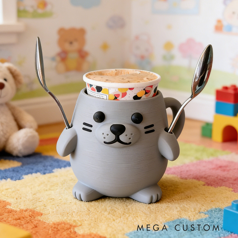 Personalized Animal Theme Custom Name Cute Seal Shape Ice Cream Holder Fun Kitchen 3D Printed Cozy with Spoon Slot