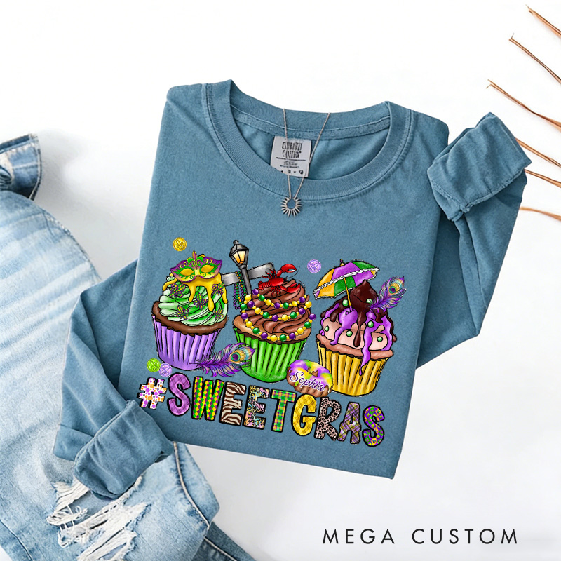 Personalized Sweet Mardi Gras Sweatshirt with Name Mardi Gras Cupcake Sweatshirt Fat Tuesday Shirt Gift for Baking Lover Him Her Cake Lover
