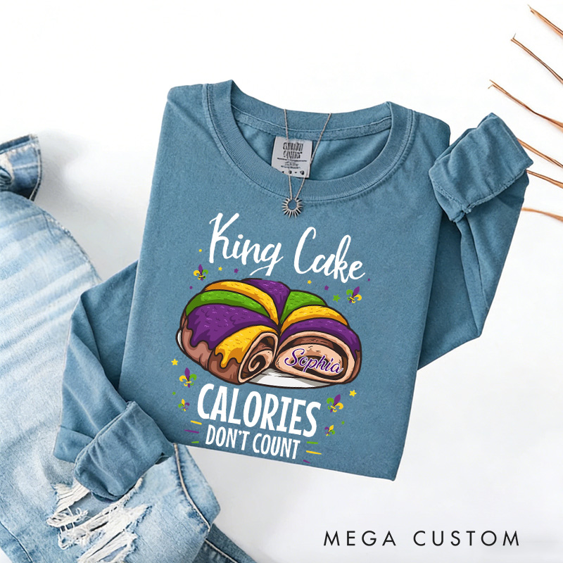 Personalized King Cake Calorie Don't Count Sweatshirt with Name Mardi Gras Donut Sweatshirt Fat Tuesday Shirt Gift for Baking Lover Him Her Cake Lover
