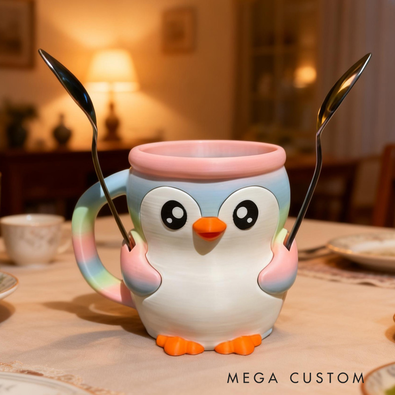Personalized Cartoon Theme Custom Name Adorable Pink Penguin Dessert Cup Stand 3D Printed Cozy with Spoon Slot
