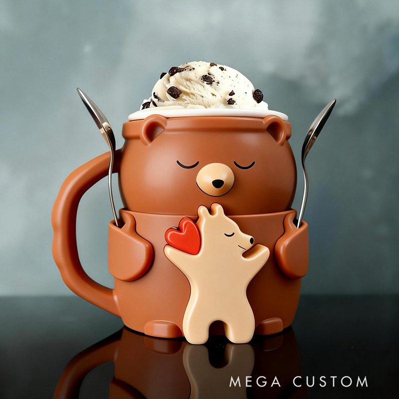 Personalized Adorable Bear Ice Cream Cozy Pint Holder 3D Printed with Spoon Slots & Snack Drawer for Mom Kids