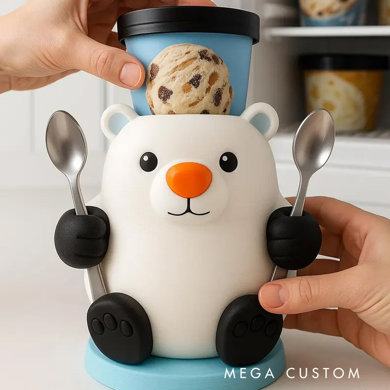 Personalized Winter Theme Custom Name Adorable White Bear Dessert Cup Stand 3D Printed Cozy with Spoon Slot