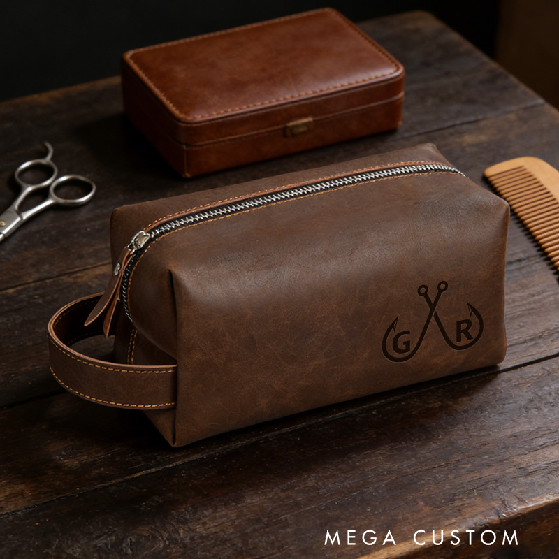 Personalized Leather Dopp Kit Engraved Fishing Toiletry Bag Hunter Gift for Dad Husband Father