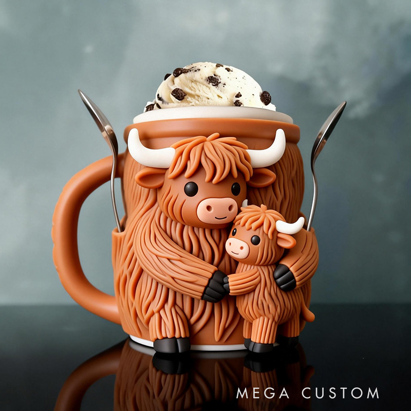 Personalized Adorable Highland Cow Ice Cream Cozy Pint Holder 3D Printed with Spoon Slots for Mom Kids