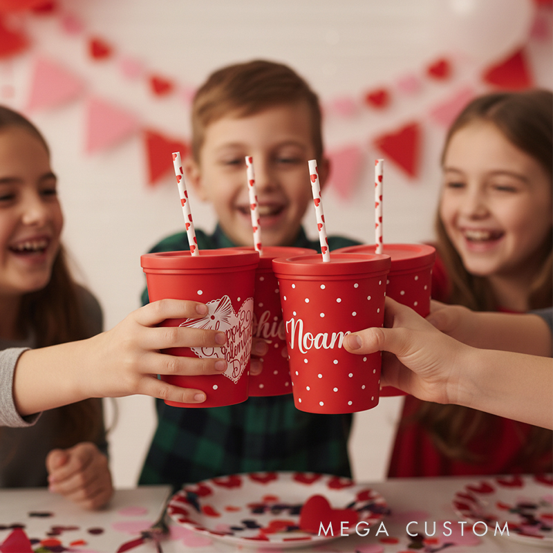 Kids' Valentine's Day Personalized Name Party Cups Polka Dot and Heart Design Celebrate and Share Love