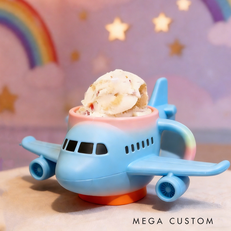 Personalized Airplane Theme Custom Name Cute Blue Plane Shape Ice Cream Holder 3D Printed Cozy with Spoon Slot