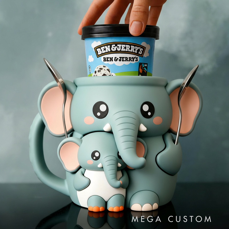 Personalized Adorable Elephant Ice Cream Cozy Pint Holder 3D Printed with Spoon Slots for Mom Kids Ice Cream Lover