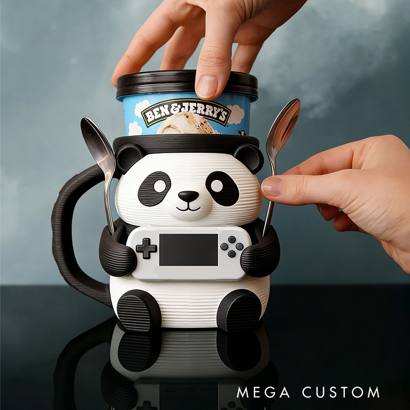 Personalized Cute Panda Gamer Ice Cream Pint Holder with Spoon Slots Eco-Friendly 3D Print for Game Lovers