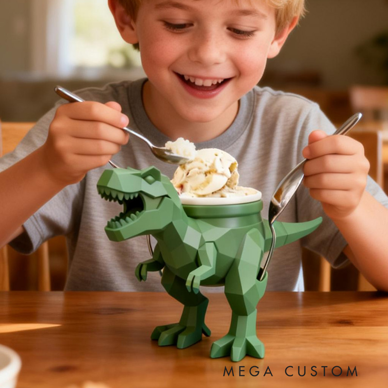 Personalized Dinosaur Theme Custom Name Cool Green T Rex Ice Cream Holder 3D Printed Cozy with Spoon Slot