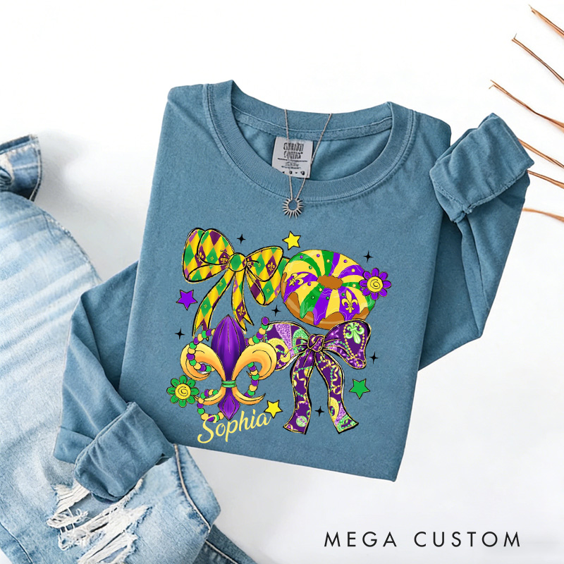 Personalized Mardi Gras Coquette Sweatshirt with Name Preppy Bow King Cake Coquette Sweatshirt Fat Tuesday Shirt Gift for Baking Lover Her Cake Lover