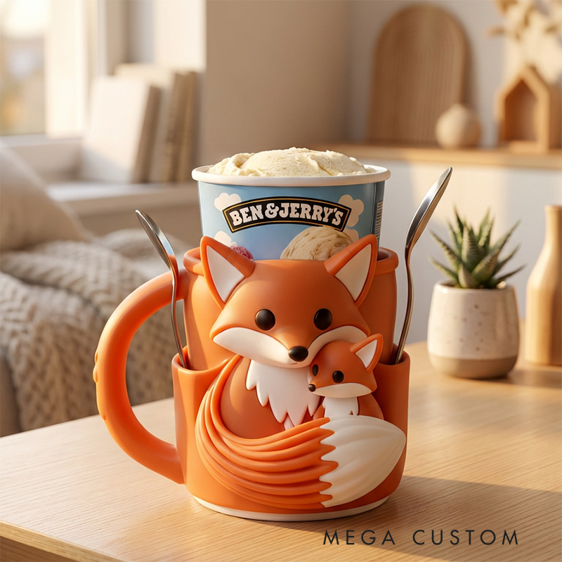 Personalized Adorable Fox Ice Cream Cozy Pint Holder 3D Printed with Spoon Slots for Mom Kids Ice Cream Lover