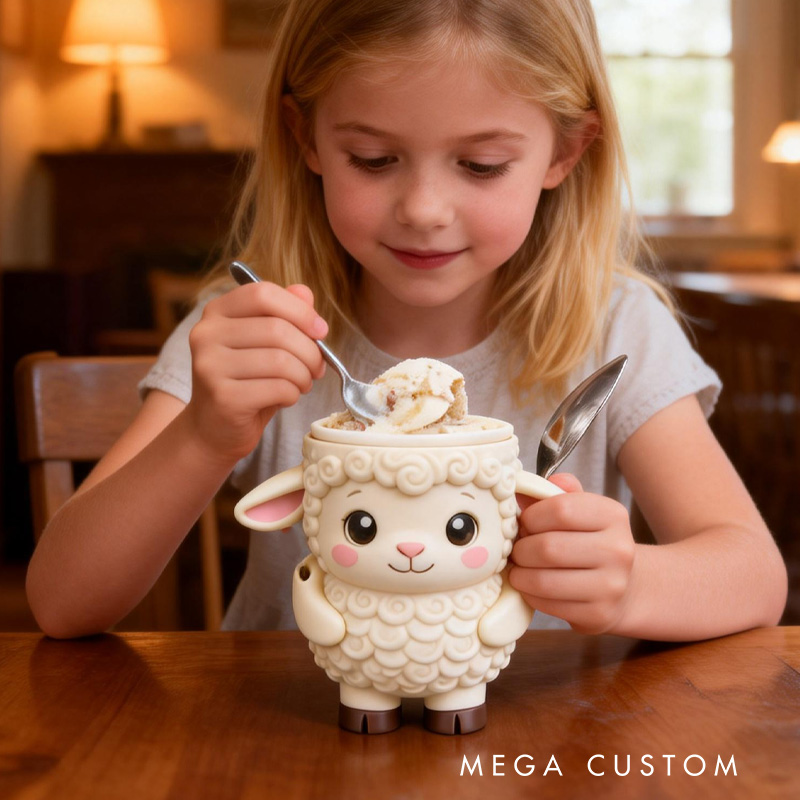 Personalized Kids Theme Custom Name Lovely White Lamb Ice Cream Cup Support 3D Printed Cozy with Spoon Slot