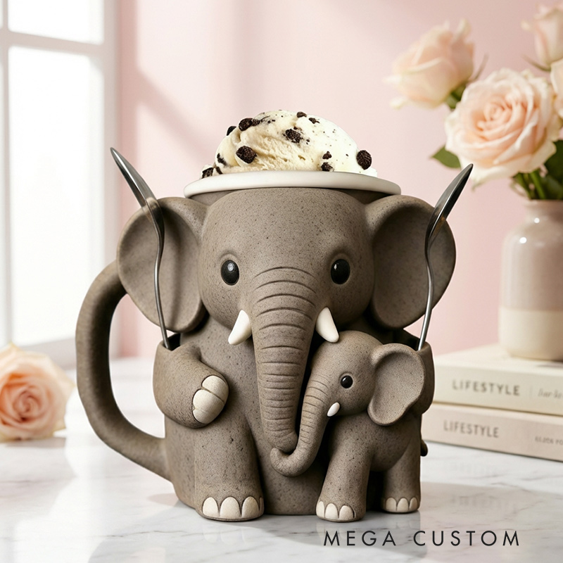 Personalized Adorable Elephant Ice Cream Cozy Pint Holder 3D Printed with Spoon Slots for Mom Kids Ice Cream Lover