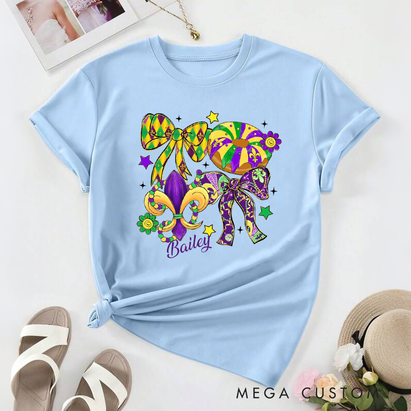 Personalized Mardi Gras Coquette Classic T-Shirts Preppy Bow King Cake Coquette Tee with Name Shirt for Donut Lover Baker Baking Lover