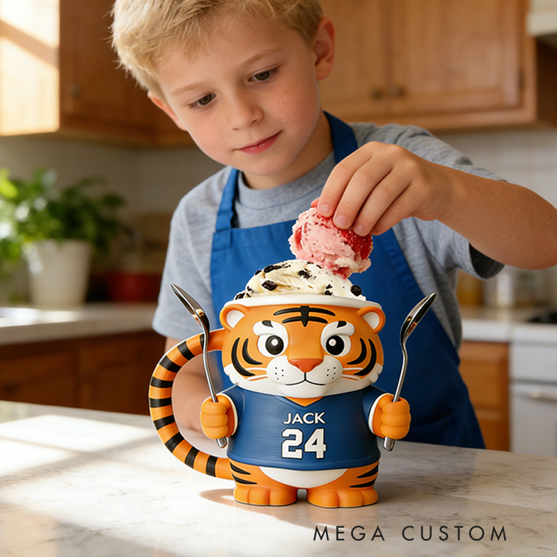 Personalized Tiger Baseball Mascot Ice Cream Pint Holder 3D Printed with Spoon Slots & Snack Drawer Custom Detail for Kids and Baseball Enthusiasts