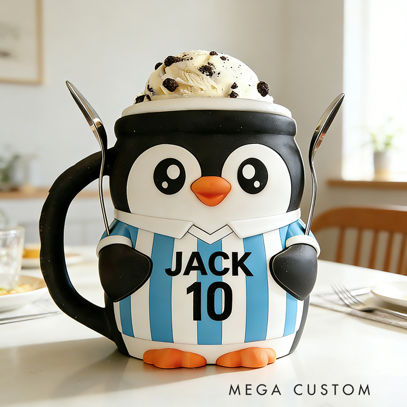 Personalized Soccer World Cup Penguin Ice Cream Pint Holder 3D Printed with Spoon Slots & Snack Drawer with Custom Details for Soccer Fans