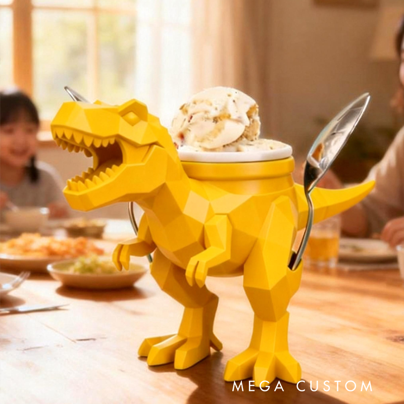 Personalized Dinosaur Theme Custom Name Cool Green T Rex Ice Cream Holder 3D Printed Cozy with Spoon Slot