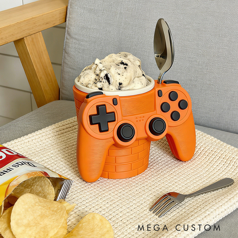 Personalized Game Controller Gamer Ice Cream Pint Holder with Spoon Slots Eco-Friendly 3D Print for Game Lovers