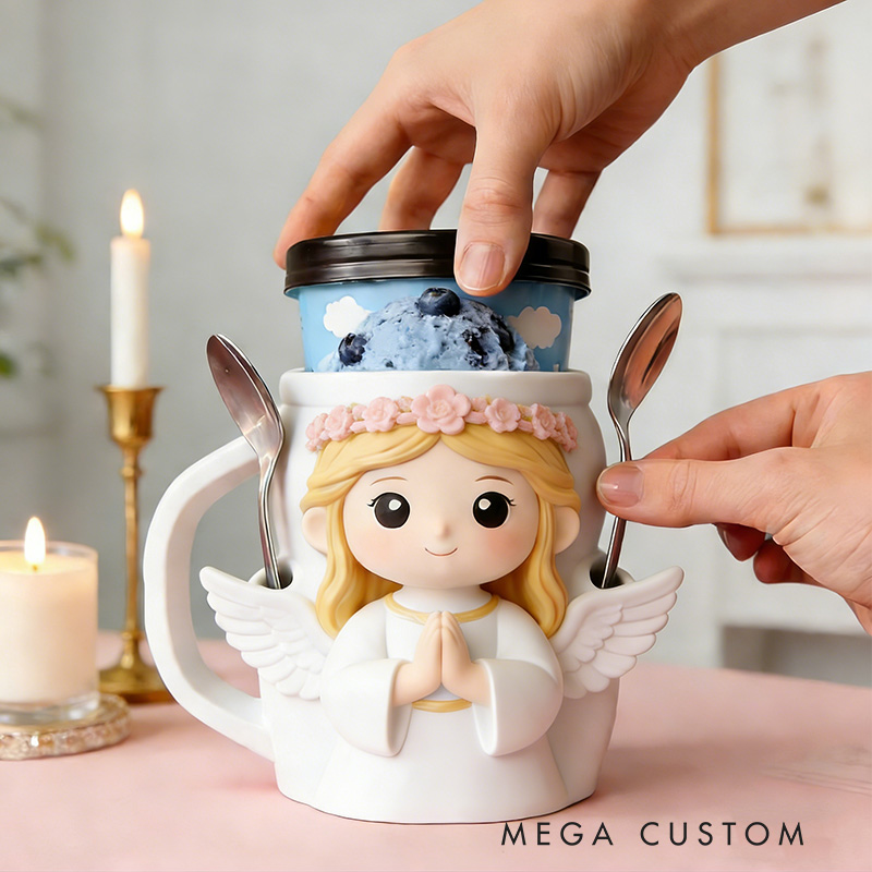 Personalized Pray Angel Cream Cozy Pint Holder 3D Printed with Spoon Slots & Snack Drawer for Ice Cream Lover Religious Gift for Dessert Lover