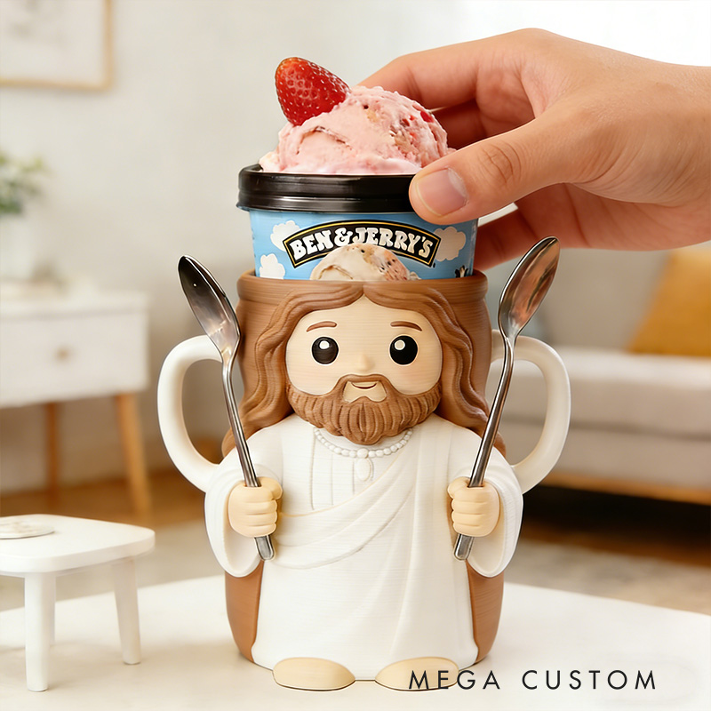 Personalized Jesus Cream Cozy Pint Holder 3D Printed with Spoon Slots & Snack Drawer for Ice Cream Lover Religious Christian Gift for Jesus Lover