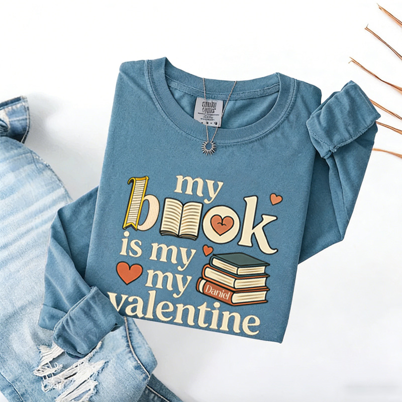 Personalized My Book is My Valentine Sweatshirt Retro Book Sweatshirt with Name Valentines Day Gift for Book Lover Reader Girlfriend Wife Women