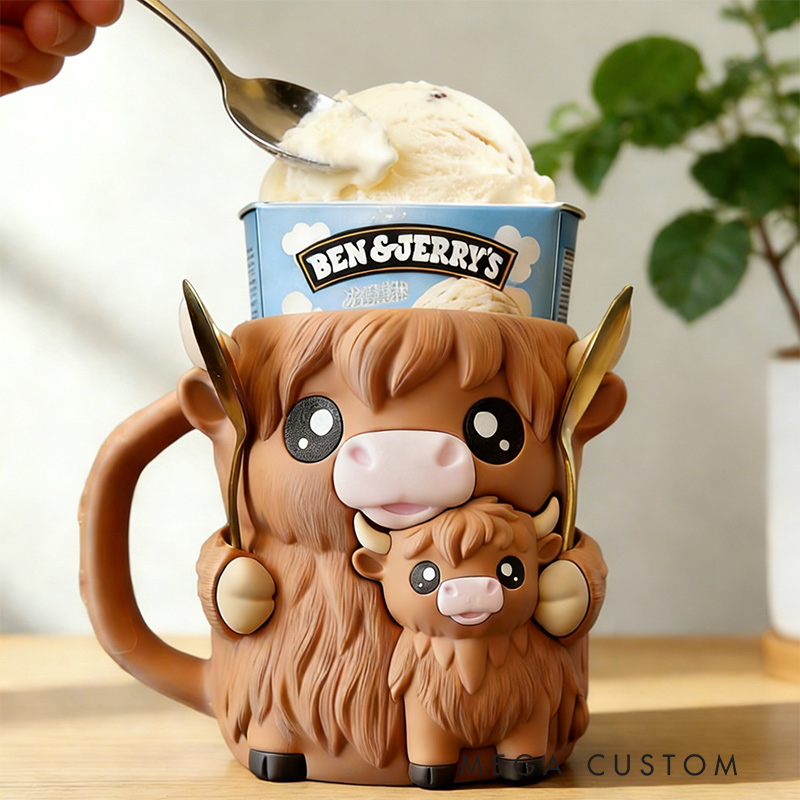 Personalized Highland Cow Ice Cream Cozy Pint Holder 3D Printed with Spoon Slots & Snack Drawer for Mom Kids Ice Cream Lover