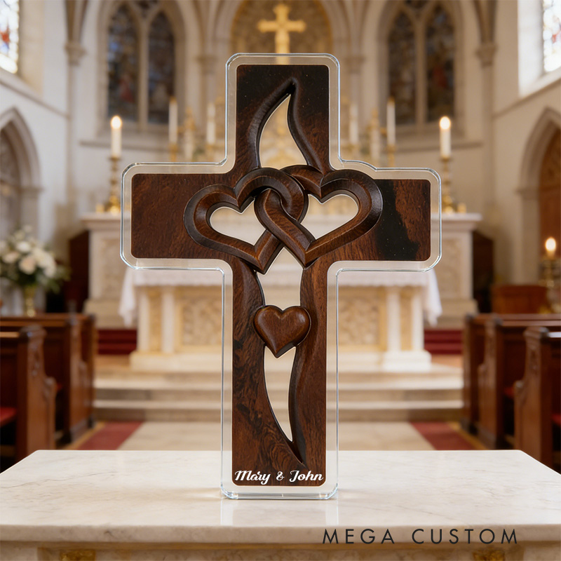 Personalized Cross with Double Hearts Acrylic Plaque with Custom Names Wood Grain Art Plaque Desktop Decor Wedding Gift Religious Gift for Couple