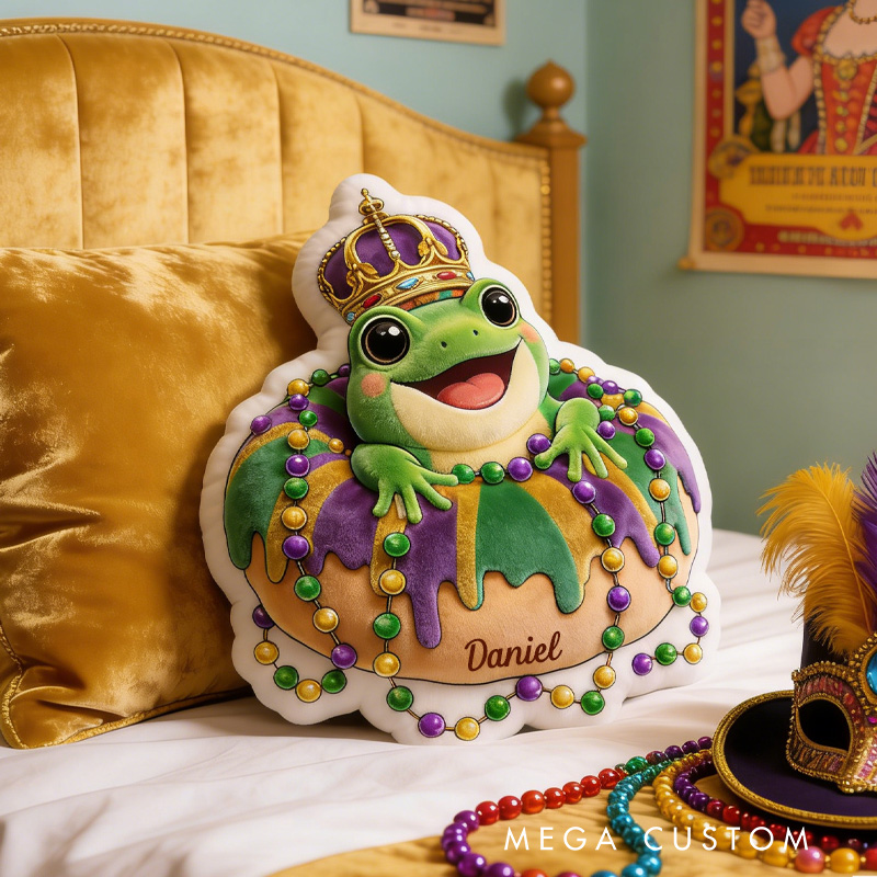 Personalized Mardi Gras Donut Frog Crown Throw Pillow Graphic 3D King Cake Animal Pillow with Name for Kids Baking Lover Mardi Gras Gift