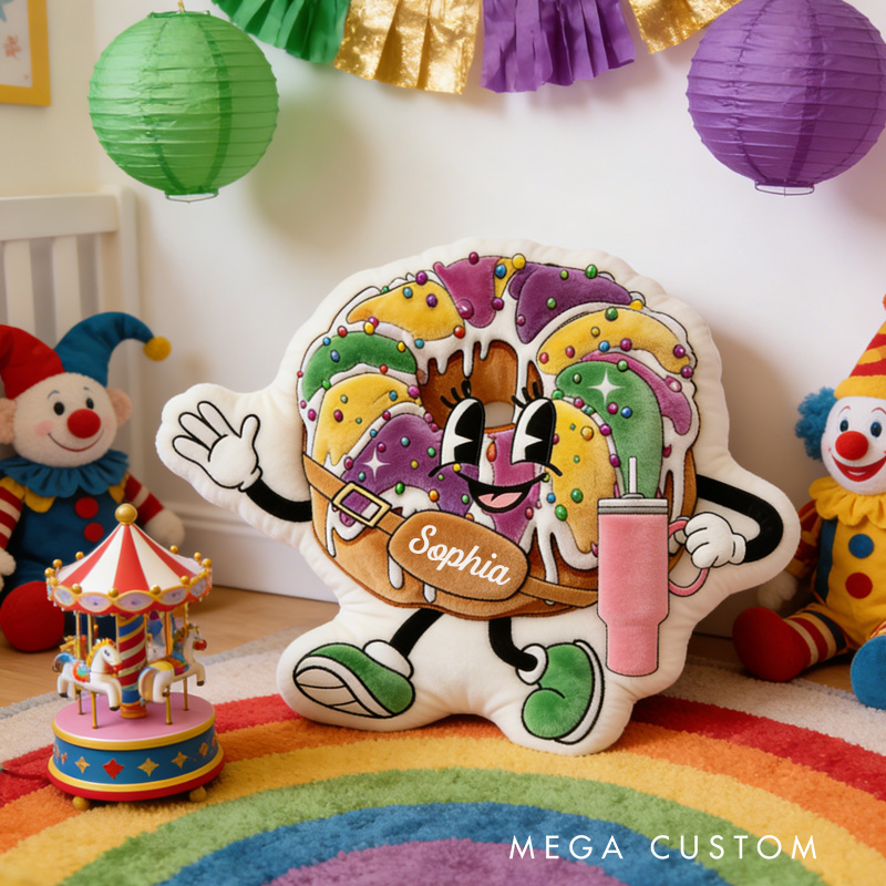 Personalized King Cake Mardi Gras Throw Pillow Graphic 3D Print Donut with Tumbler Pillow with Name for Kids Book Lover Mardi Gras Gift