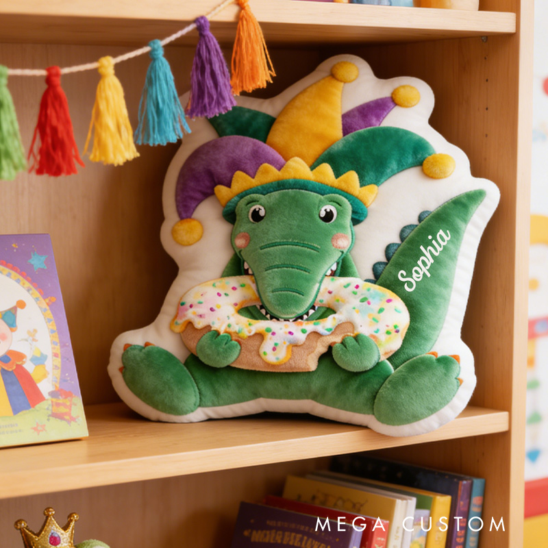 Personalized Mardi Gras Alligator Throw Pillow Graphic 3D Print Donut Pillow with Name for Boyfriend Girlfriend Baking Lover Mardi Gras Gift