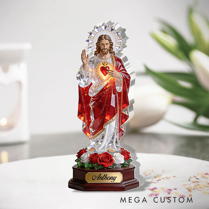 Personalized Sacred Heart Of Jesus Acrylic Plaque with Custom Name Custom Shaped Art Plaque Desktop Decor Religious Christian Gift for Jesus Lover