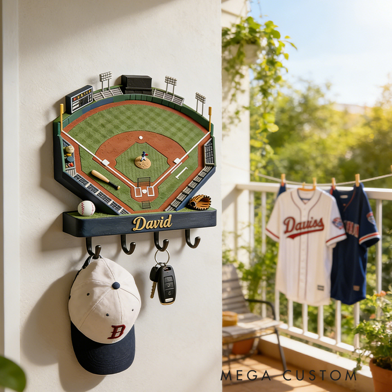 Personalized Baseball Field 3D Printed Key Holder with Custom Name for Baseball Fans 