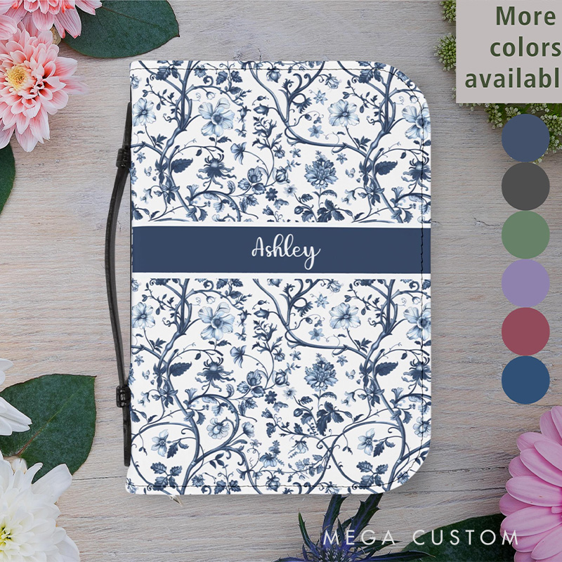 Personalized Floral PU Leather Bible Cover Case with Custom Name and Carry Handle Elegant Toile Design Religious Birthday Gift for Christian Women