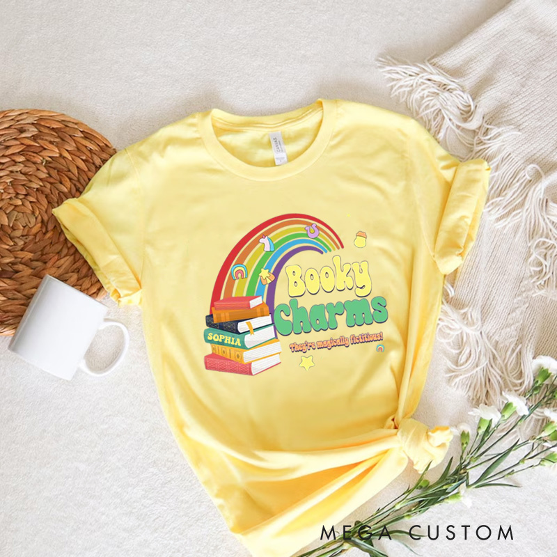 Personalized Booky Charms Bookish Classic T-Shirts Retro St. Patrick's Day Reading Shirt with Name Tee for Book Lover Bookworm Girlfriend Wife Women Gift
