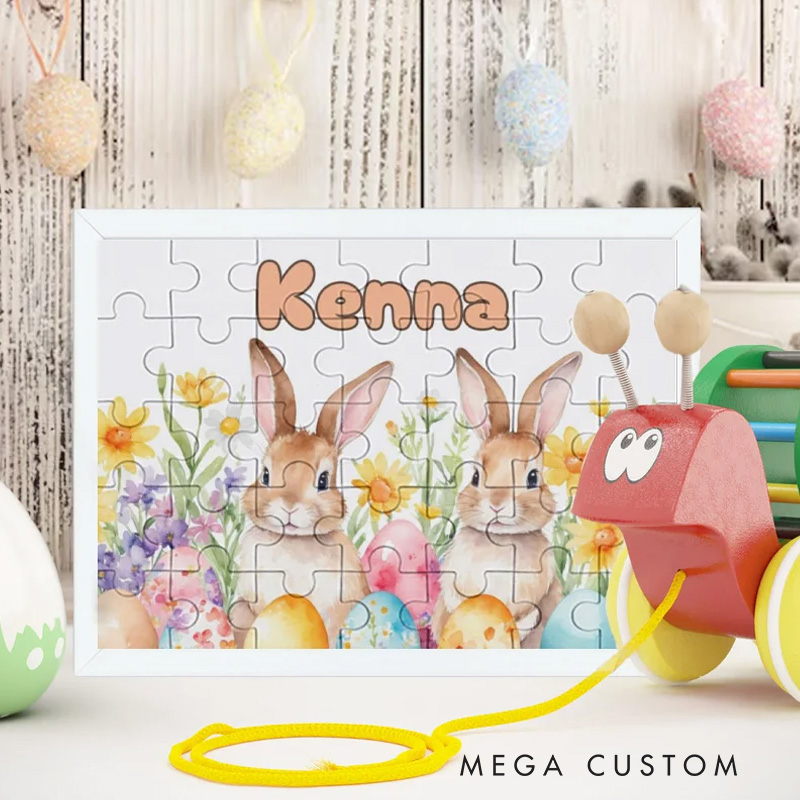 Personalized Floral Easter Eggs Cute Bunny 35 Pieces Puzzle with Name Holiday Basket Stuffers Easter Party Birthday Gift for Boys Girls