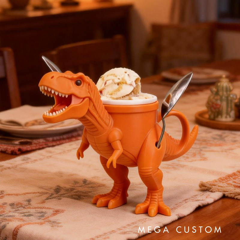 Personalized Dinosaur Theme Custom Name Cool Orange T Rex Ice Cream Holder 3D Printed Cozy with Spoon Slot