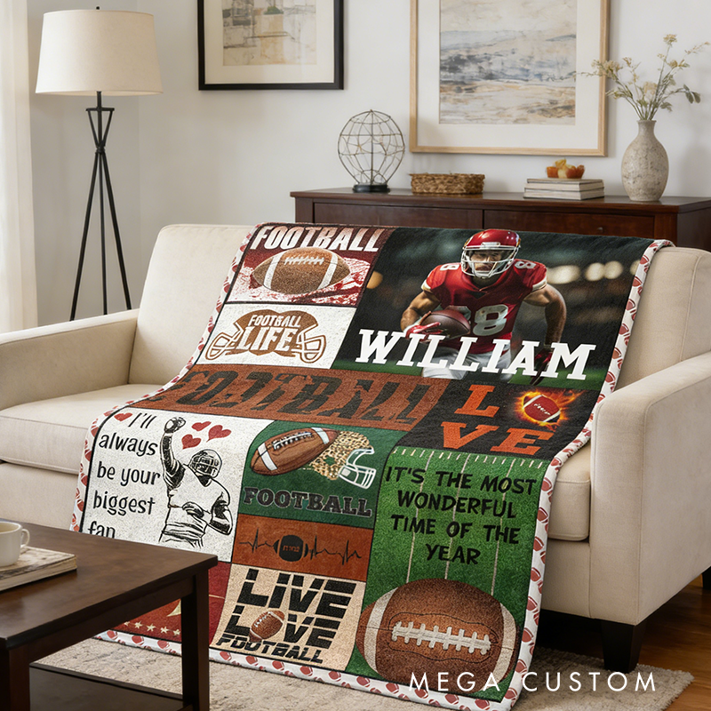 Personalized American Football Blanket with Custom Name and Photo Design