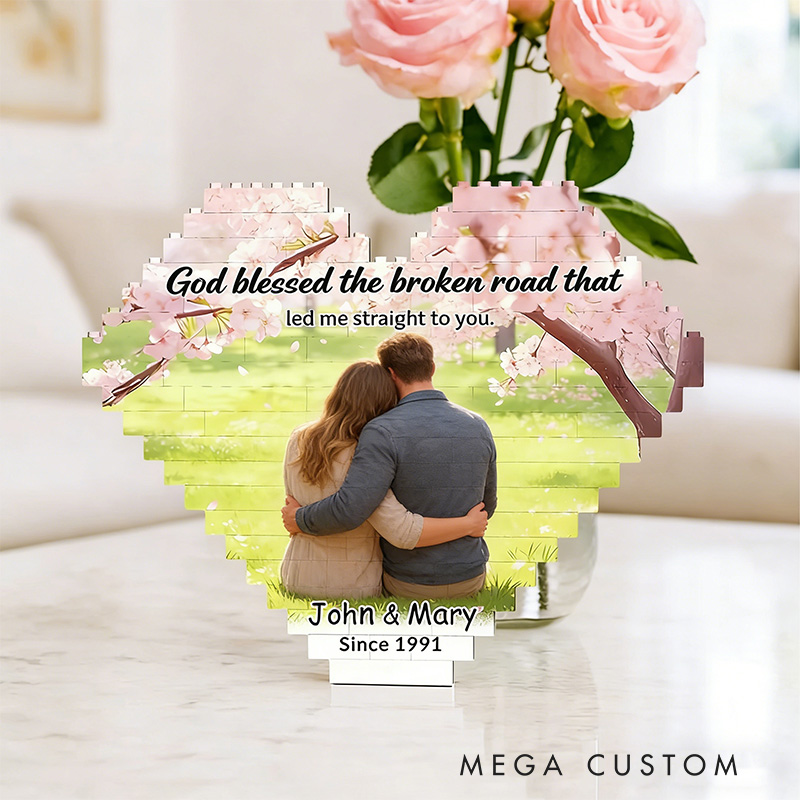 Personalized God Blessed the Broken Road Heart-Shaped Photo Building Brick Puzzles with Custom Name and Year Valentine's Day Religious Gift for Couple