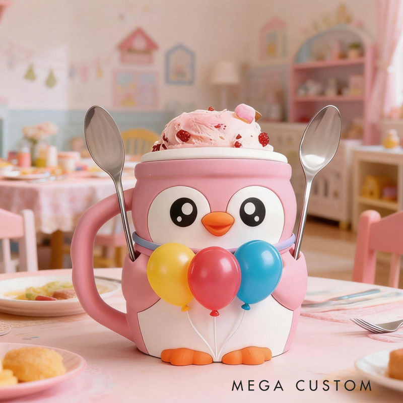 Personalized Party Theme Custom Name Adorable Penguin with Balloons Dessert Stand 3D Printed Cozy with Spoon Slot