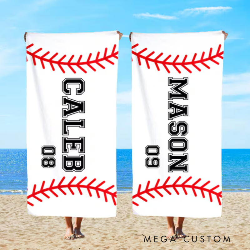 Personalized Baseball Beach Towel with Custom Name Number and Bold Red Stitch Design Perfect for Fans Players and Outdoor Activities
