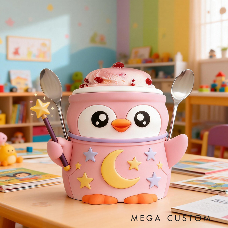 Personalized Night Theme Adorable Penguin with Moon and Stars Stand 3D Printed Cozy with Spoon Slot