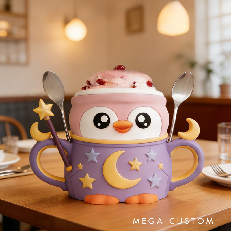Personalized Night Theme Adorable Penguin with Moon and Stars Stand 3D Printed Cozy with Spoon Slot